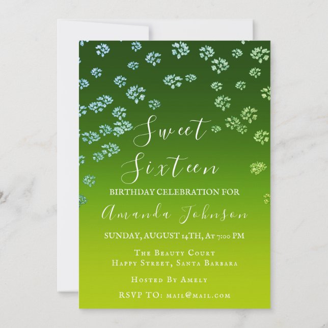 Sweet 16. Blume Royal Ombre Greenery Foto Einladung (Rückseite)