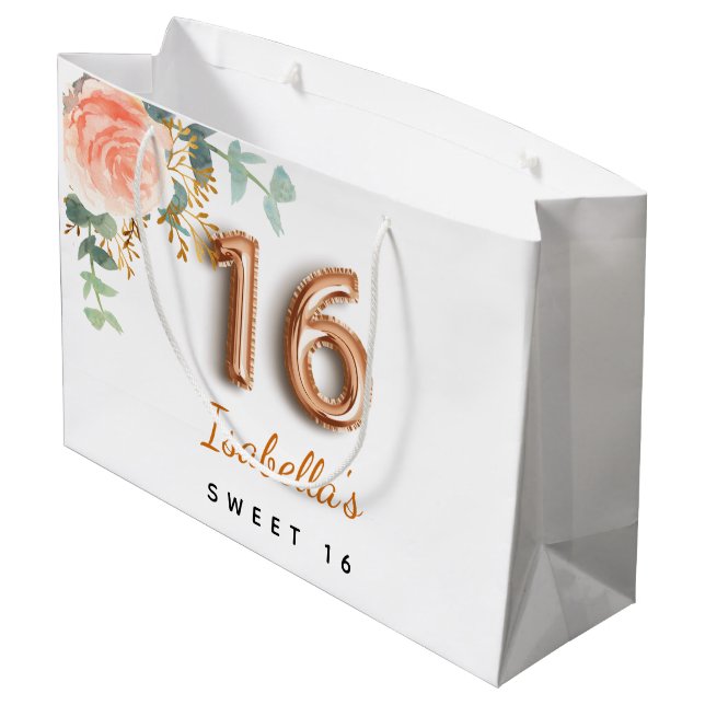 Sweet 16 blumengeschmückte Rose Eukalyptus Geburts Große Geschenktüte (Rückseite Schrägansicht)