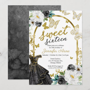 Sweet 16 Blumenkleid Butterfly Black Gold Einladung