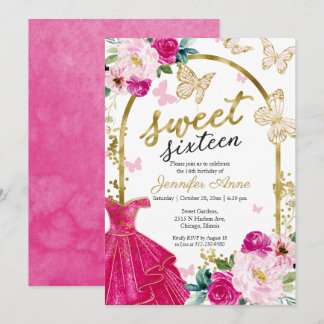 Sweet 16 Blumenkleid Butterfly Hot Pink Gold Einladung