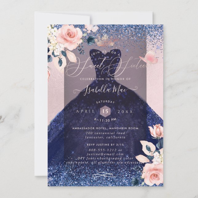Sweet 16 Blush Bloral Navy Blauer Glitzer Gown Einladung (Rückseite)
