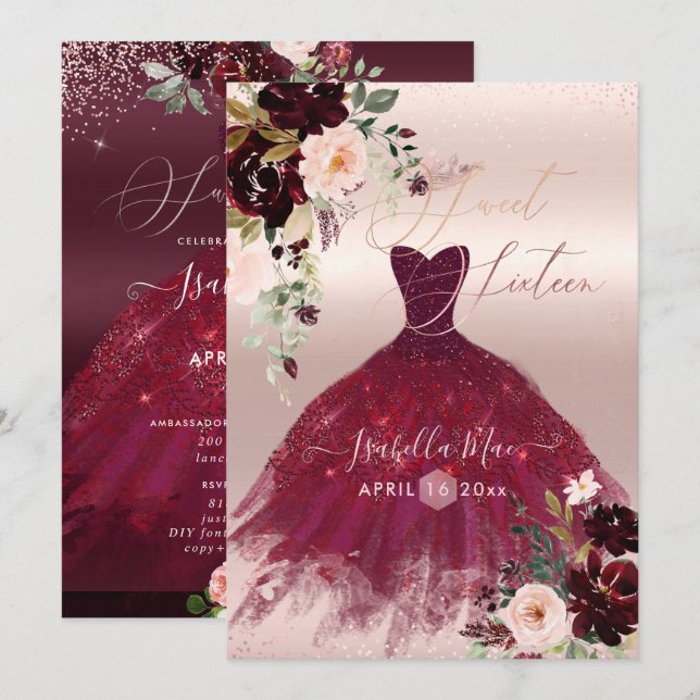 Sweet 16 Blush Burgund Wasserfarbe Blume Einladung (Vorne/Hinten)