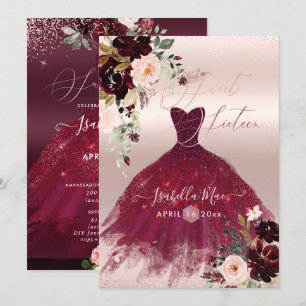 Sweet 16 Blush Burgund Wasserfarbe Blume Einladung