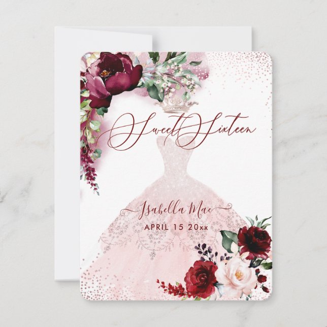 Sweet 16 Blush Burgund Wasserfarbe Blume Einladung (Vorderseite)