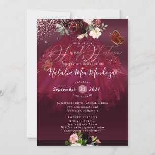 Sweet 16 Blush Burgund Wasserfarbe Blume Einladung
