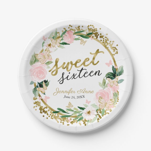 Sweet 16 Blush Floral Pink Butterfly Pappteller (Vorderseite)