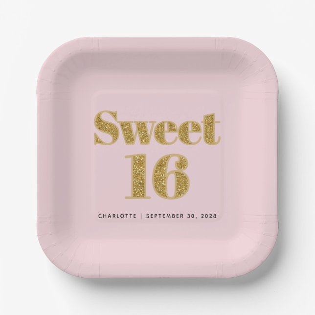 Sweet 16 Blush Pink Gold Glitzer Party Pappteller (Vorderseite)