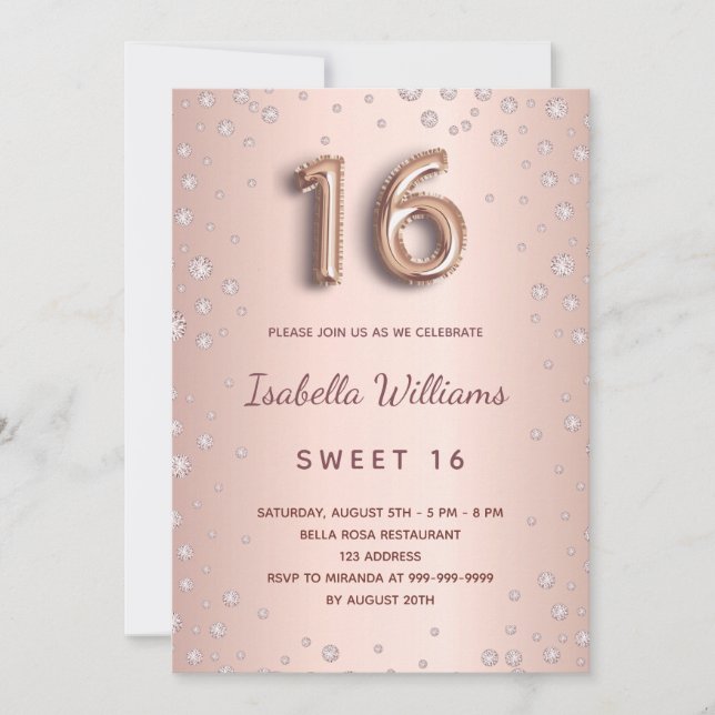 Sweet 16 Blush Rose Gold Diamonds Skript Einladung (Vorderseite)