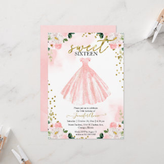 Sweet 16 Blush Wasserfarbe Blume Rosa Kleid Einladung