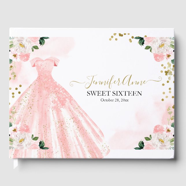 Sweet 16 Blush Wasserfarbe Blume Rosa Kleid Gästebuch (Vorderseite)
