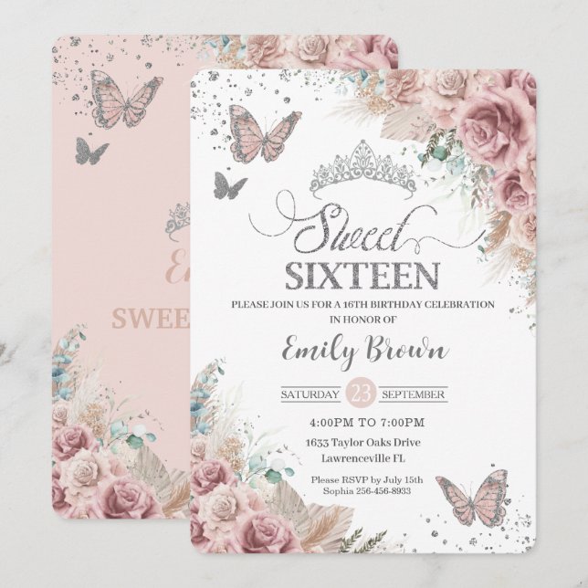 Sweet 16 Boho Blush Dusty Rose Floral Pampas Grass Einladung (Vorne/Hinten)