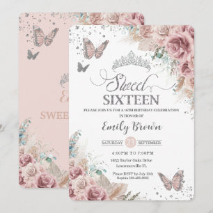 Sweet 16 Boho Blush Dusty Rose Floral Pampas Grass Einladung