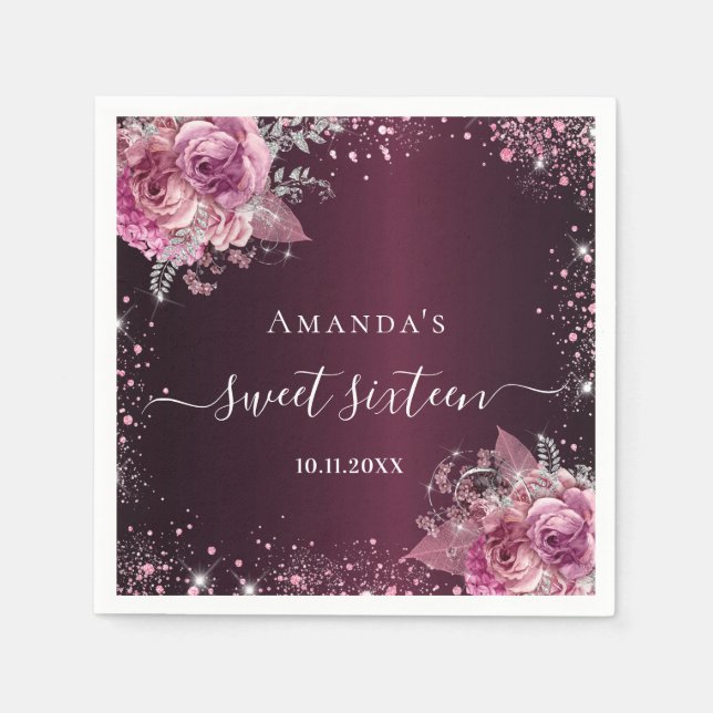 Sweet 16 bordeauxfarbene Blumenschrift Serviette (Vorderseite)