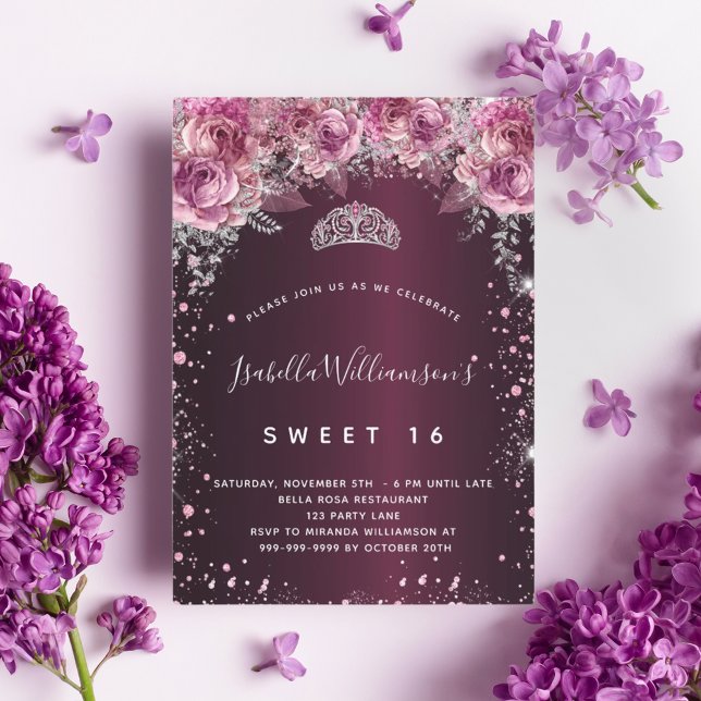 Sweet 16 bordeauxrosa Glitzer Floraltiara Einladung (Von Creator hochgeladen)