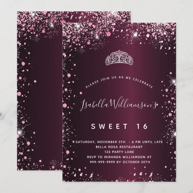 Sweet 16 bordeauxrosa Glitzer tiara Einladung (Vorne/Hinten)