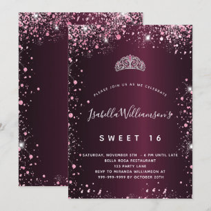 Sweet 16 bordeauxrosa Glitzer tiara Einladung