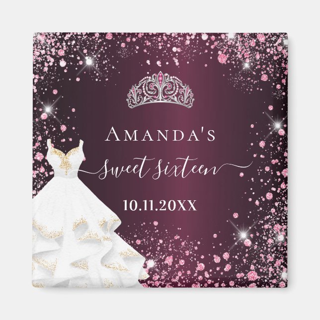 Sweet 16 bordeauxrosa tiara Kleid Glitzer Name Magnet (Vorne)