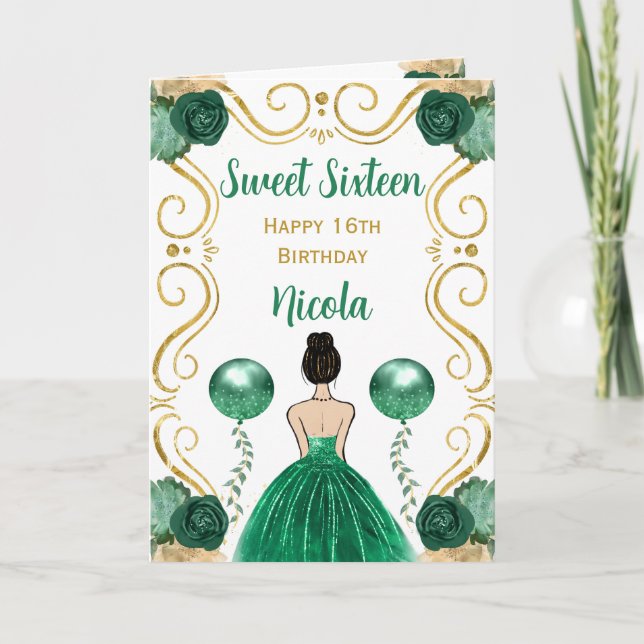 Sweet 16 Braun Haar Prinzessin Grün Glückwunsch Ge Karte (Vorderseite)