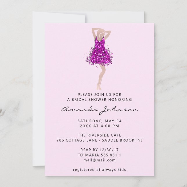 Sweet 16. Brautparty Rosa Glitzer Kleid Einladung (Vorderseite)