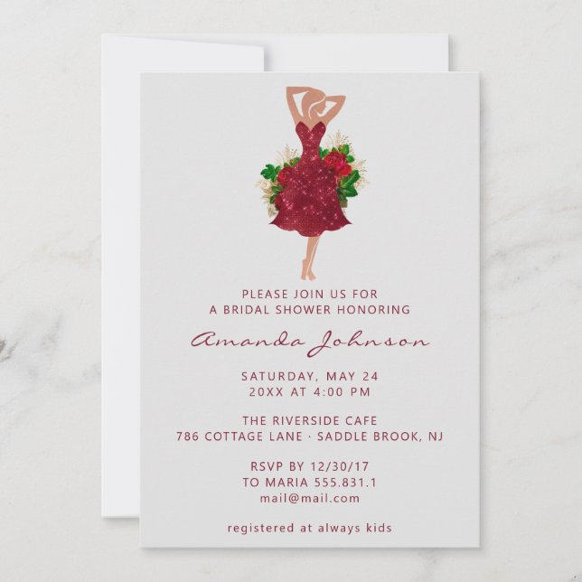 Sweet 16. Brautparty Rotes Kleid Floral Einladung (Vorderseite)
