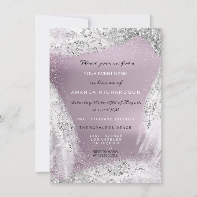 Sweet 16. Bridal Diamond Dress Eggplant Silber Einladung (Vorderseite)