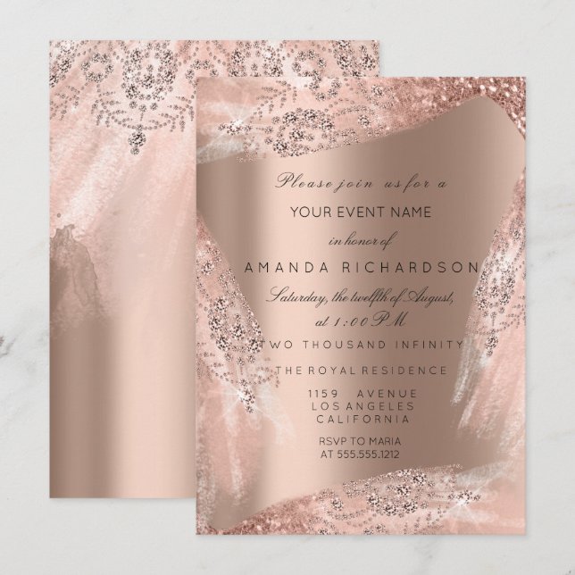 Sweet 16. Bridal Dress Rose Gold Funkelnd Einladung (Vorne/Hinten)