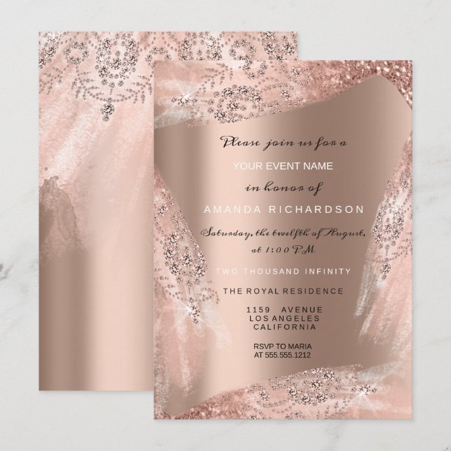 Sweet 16. Bridal Dress Rose Gold Funkelnd Einladung (Vorne/Hinten)