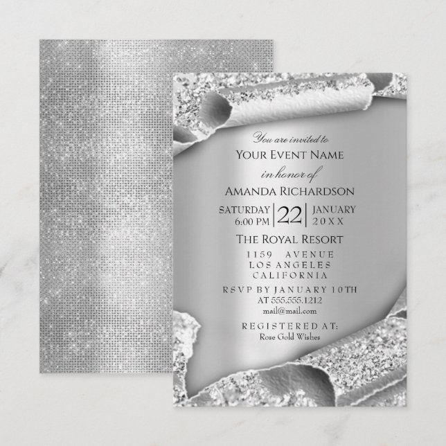 Sweet 16. Bridal Wedding 3D Rose Silver Einladung (Vorne/Hinten)