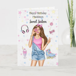 Sweet 16 Brünett Roller Girl Happy Birthday Card Feiertagskarte