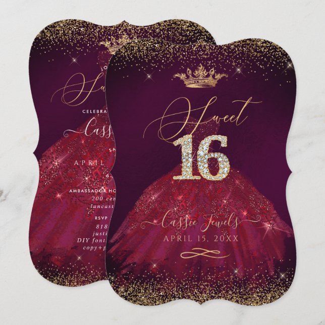 Sweet 16 Burgundy Gold Confetti+Princess Crown Einladung (Vorne/Hinten)