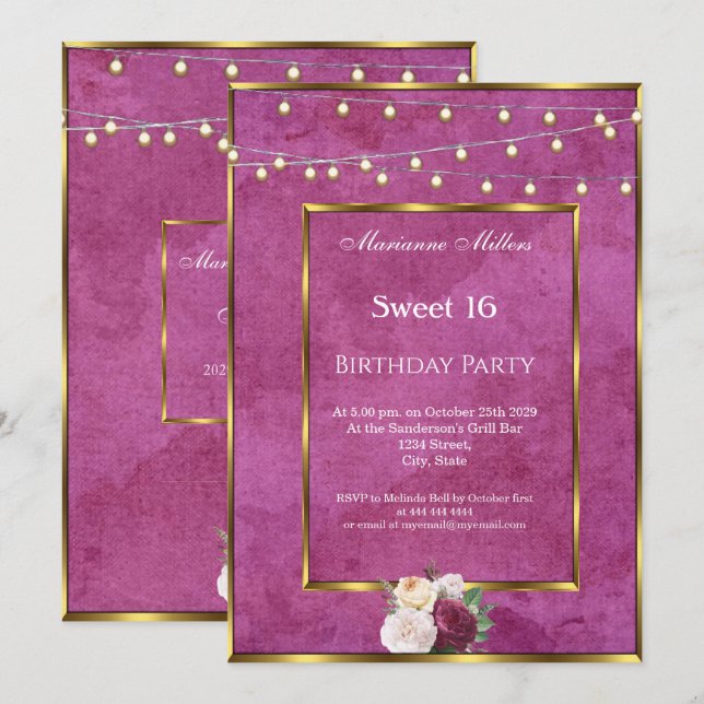 Sweet 16 Burgundy Gold Fairy Lights Rose Einladung (Vorne/Hinten)