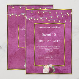 Sweet 16 Burgundy Gold Fairy Lights Rose Einladung