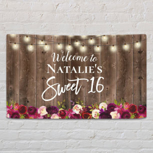 Sweet 16 Burgundy Red Floral Rustic Barn Wood Banner