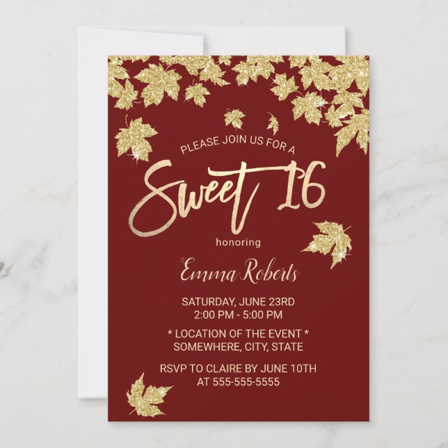 Sweet 16 Burgundy Red Modern Gold Blätter Einladung (Vorderseite)