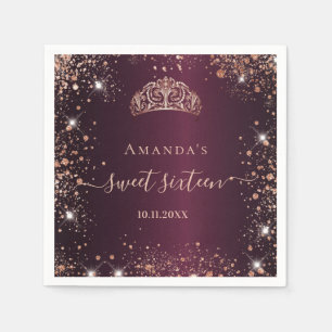 Sweet 16 burgundy Rose Gold Glitzer Tiara Name Serviette