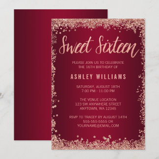 Sweet 16 Burgundy Rose Gold Imitats Glitzer Geburt Einladung