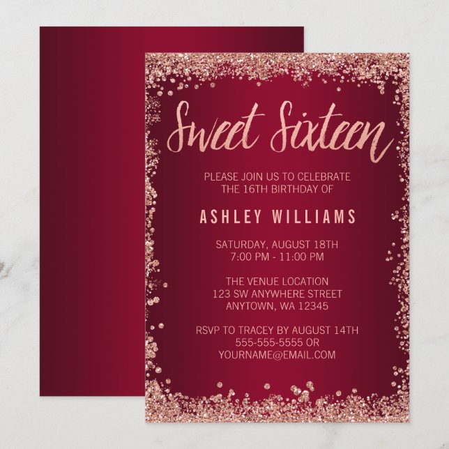 Sweet 16 Burgundy Rose Gold Imitats Glitzer Geburt Einladung (Vorne/Hinten)