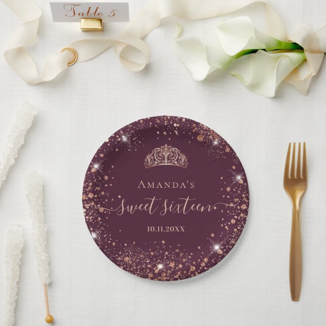 Sweet 16 burgundy Rose gold tiara name skript Pappteller (Hochzeit)
