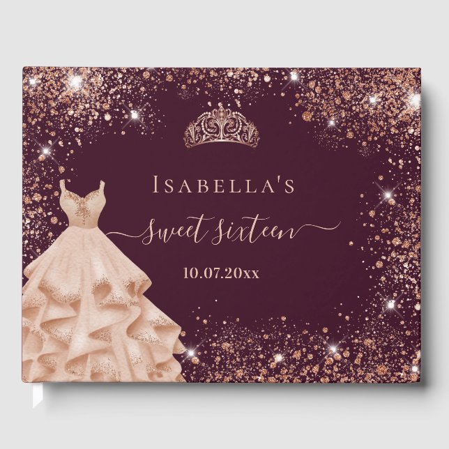 Sweet 16 burgundy Rose Goldkleid tiara Name Gästebuch (Vorderseite)