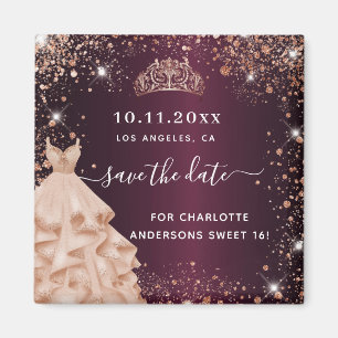 Sweet 16 burgundy tiara Kleid Gold Save the Date Magnet
