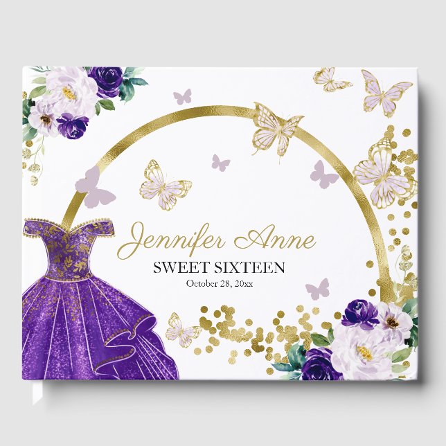 Sweet 16 Butterfly-Blume Lila Kleid Gästebuch (Vorderseite)