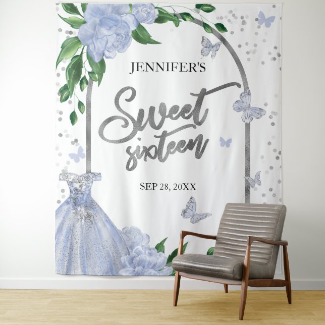 Sweet 16 Butterflys Dusty Blue Gown Hintergrund Wandteppich (Beispiel)