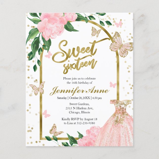 Sweet 16 Butterflys Dusty Pink Budget Einladung (Vorderseite)