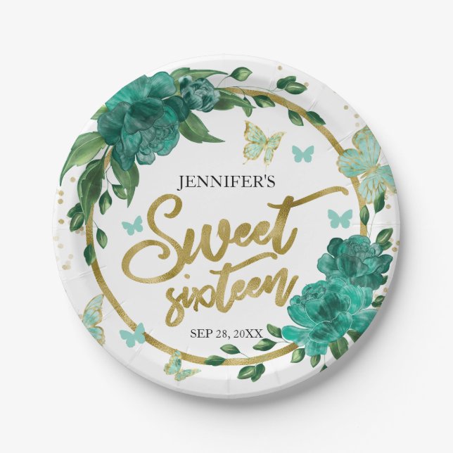 Sweet 16 Butterflys Emerald Green Gown Pappteller (Vorderseite)