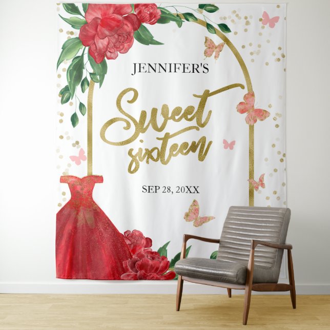 Sweet 16 Butterflys Emerald Red Gown Hintergrund Wandteppich (Beispiel)