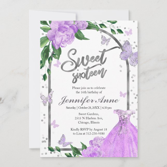 Sweet 16 Butterflys Lavendel Gown Einladung (Vorderseite)