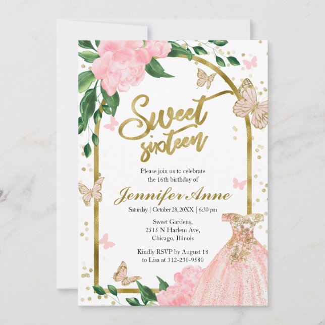 Sweet 16 Butterflys Pink Blush Gown Einladung (Vorderseite)