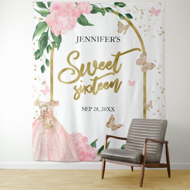 Sweet 16 Butterflys Pink Blush Gown Hintergrund Wandteppich (Beispiel)
