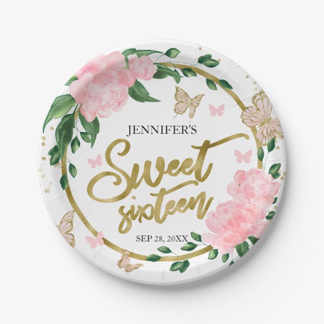Sweet 16 Butterflys Pink Blush Gown Pappteller (Vorderseite)