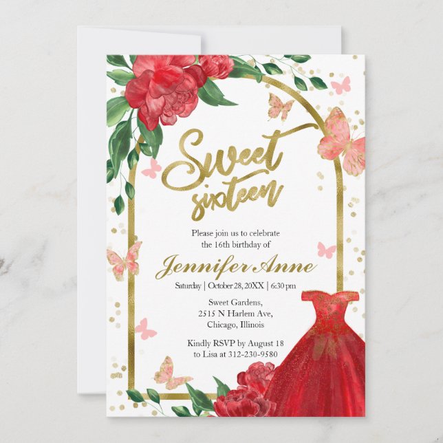 Sweet 16 Butterflys Rotes Gown Einladung (Vorderseite)